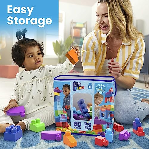 MEGA BLOKS Fisher-Price Toddler Block Toys, Big Building Bag with 80 Pieces and Storage Bag, Blue.