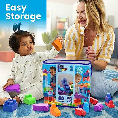 MEGA BLOKS Fisher-Price Toddler Block Toys, Big Building Bag with 80 Pieces and Storage Bag, Blue.