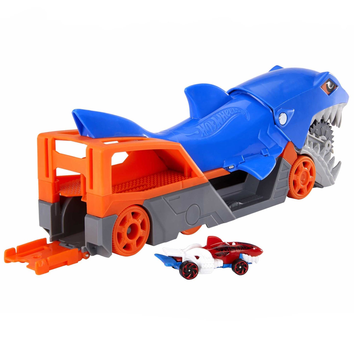 Hot Wheels Toy Car Shark Chomp Transporter & 1:64 Scale Car, Connects to Hot Wheels Track & Stores 5 Scale Vehicles