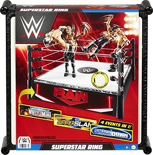 WWE Superstar Ring Playset with Spring-Loaded Mat, Pro-Tension Ropes & 4 Event Stickers, 14-Inch,6 years and up,Toy