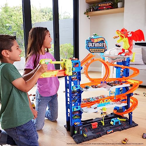 Hot Wheels City Ultimate Garage Playset with 2 Die-Cast Cars, Toy Storage for 50+ 1:64 Scale Cars, 4 Levels of Track Play, Defeat The Dragon