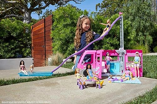 Barbie Camper Playset, Dreamcamper Toy Vehicle with 60 Accessories Including Furniture, Pool and 30-Inch Slide