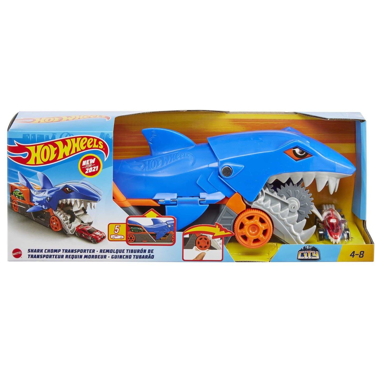 Hot Wheels Toy Car Shark Chomp Transporter & 1:64 Scale Car, Connects to Hot Wheels Track & Stores 5 Scale Vehicles