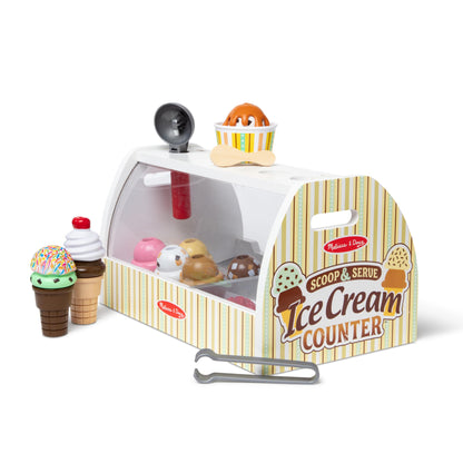 Melissa & Doug Wooden Scoop and Serve Ice Cream Counter (28 pcs) - Play Food and Accessories - Pretend Food Toys, Ice Cream Shop Toys For Kids Ages 3+