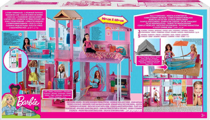 Barbie Doll House, 3-Story Townhouse with 4 Rooms & Rooftop Lounge, Furniture & Accessories Including Swinging Chair (Amazon Exclusive)