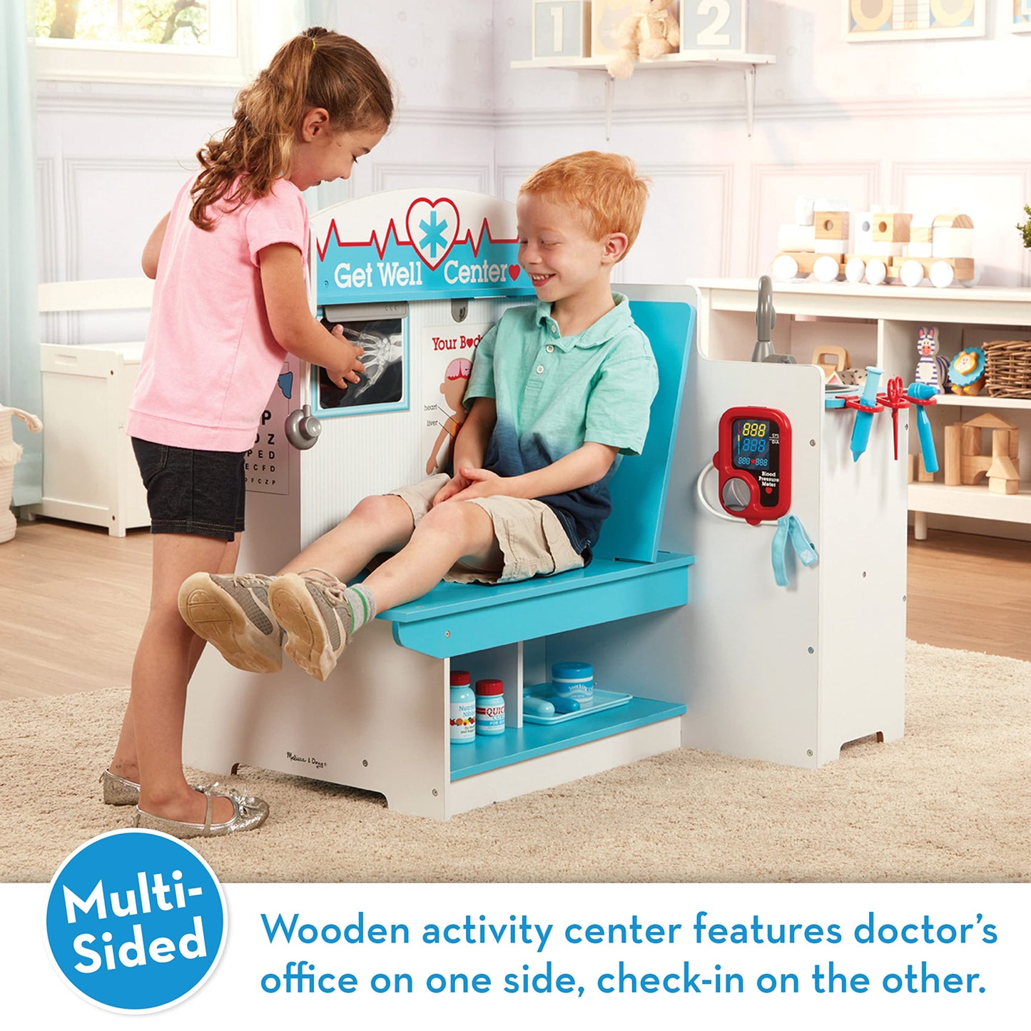 Melissa & Doug Wooden Get Well Doctor Activity Center - Waiting Room, Exam Room, Check-In Area Toddler Doctor Playset, Doctors Office Pretend Play Set For Kids Ages 3+ - FSC-Certified Materials