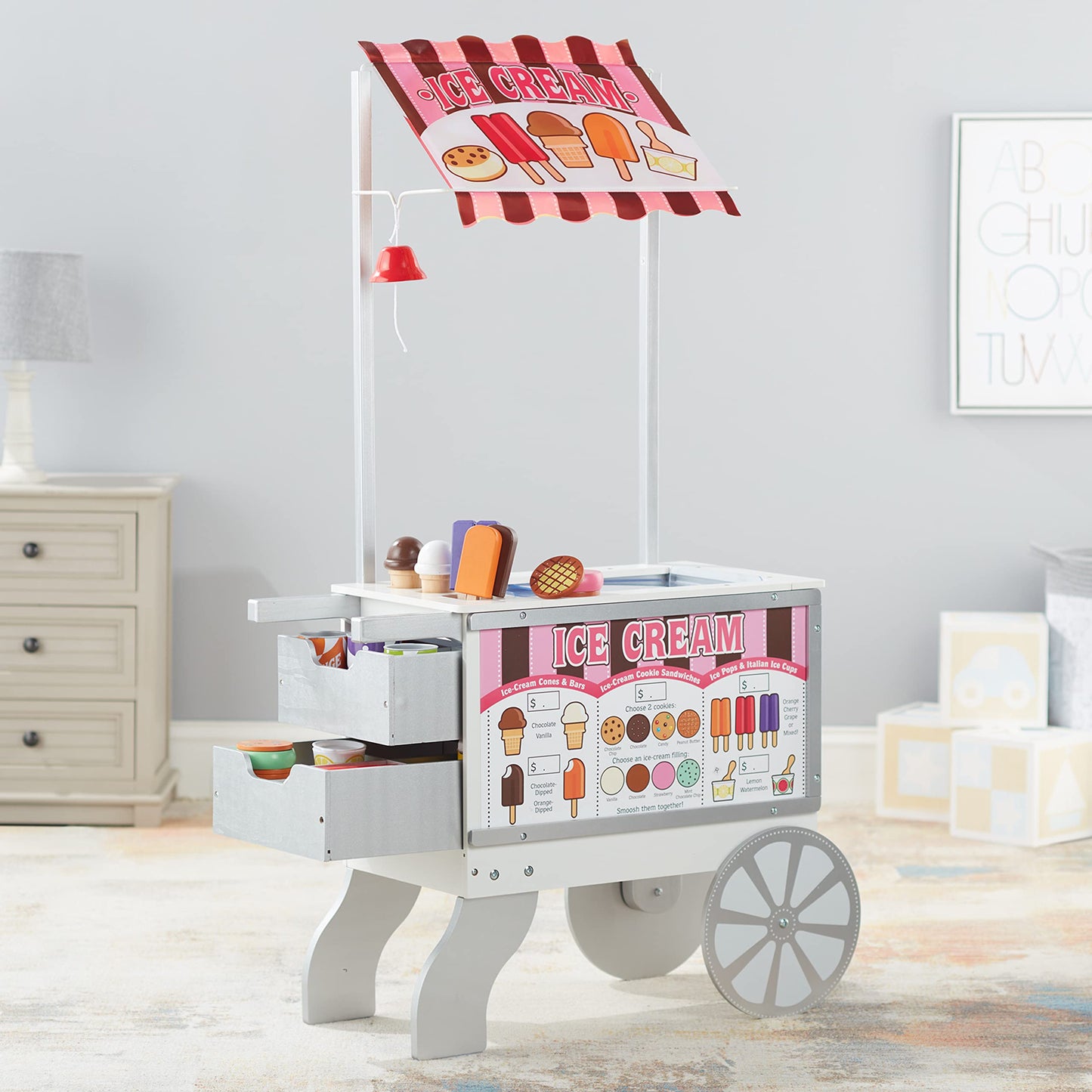 Melissa & Doug Wooden Snacks and Sweets Food Cart - 40+ Play Food pcs, Reversible Awning