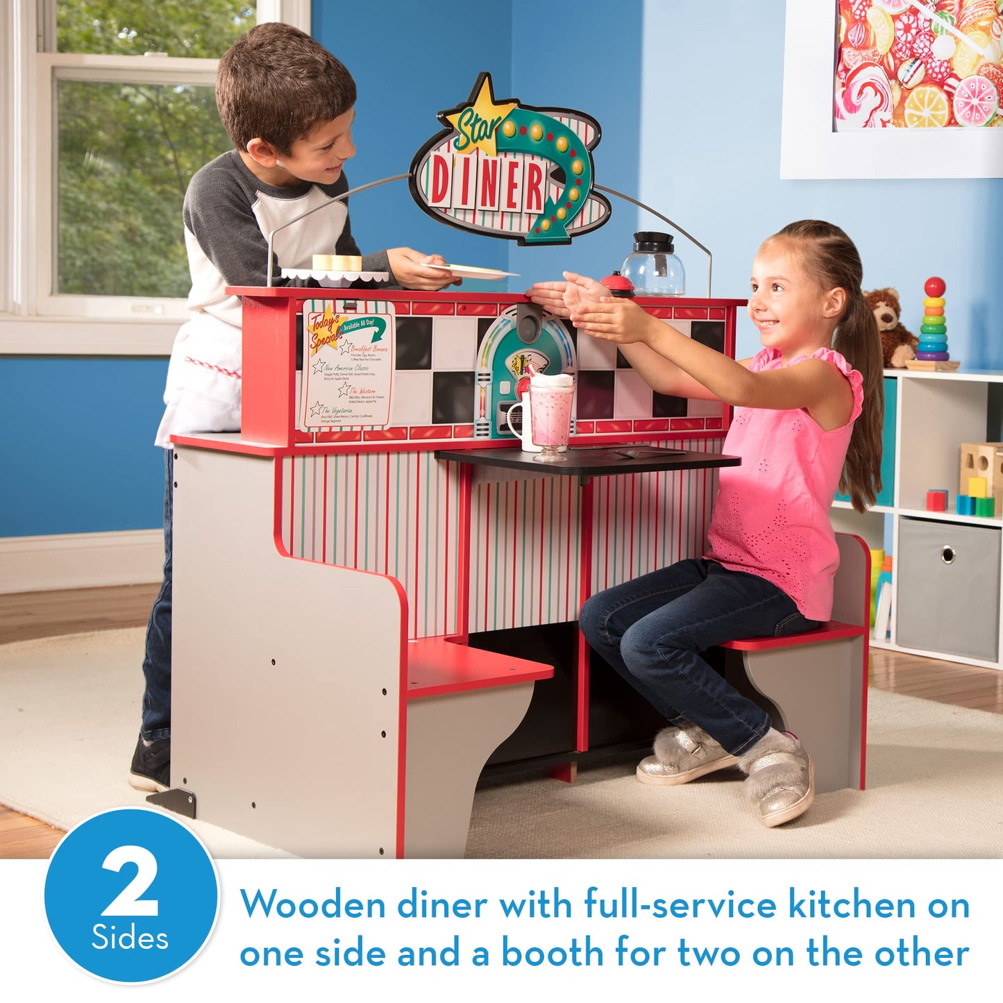 Melissa & Doug Double-Sided Wooden Star Diner Restaurant Play Space,Red