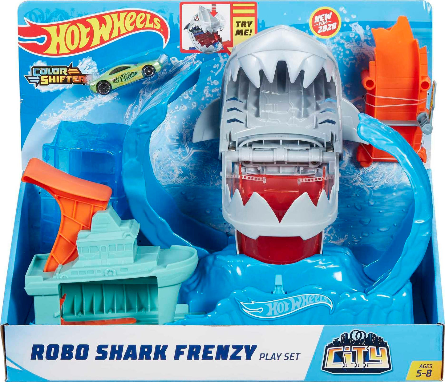 Hot Wheels Toy Car Track Set, Robo Shark Frenzy Playset & Color Shifters Car in 1:64 Scale, Color Change Area in Warm & Icy Cold Water