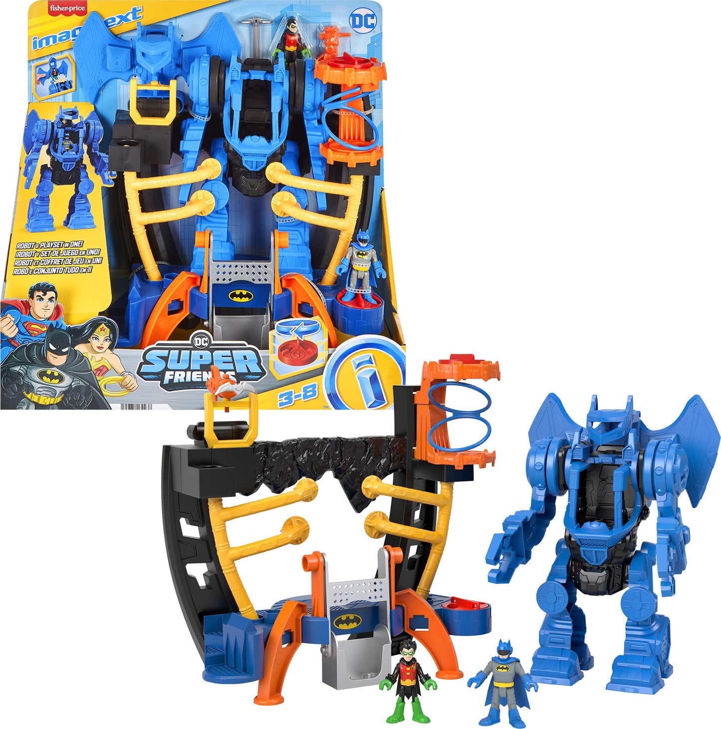 Imaginext DC Super Friends Batman Playset, Robo Command Center with Detachable 10-inch Robot, Batman & Robin Figures Ages 3+ Years