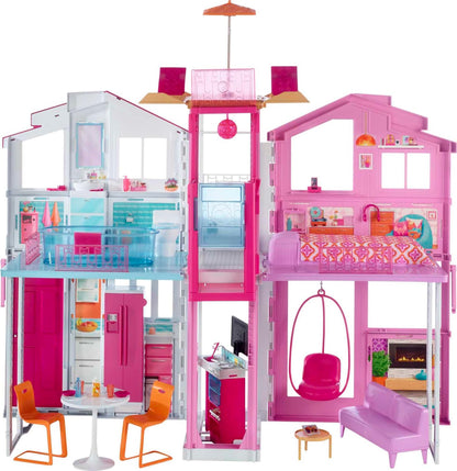 Barbie Doll House, 3-Story Townhouse with 4 Rooms & Rooftop Lounge, Furniture & Accessories Including Swinging Chair (Amazon Exclusive)